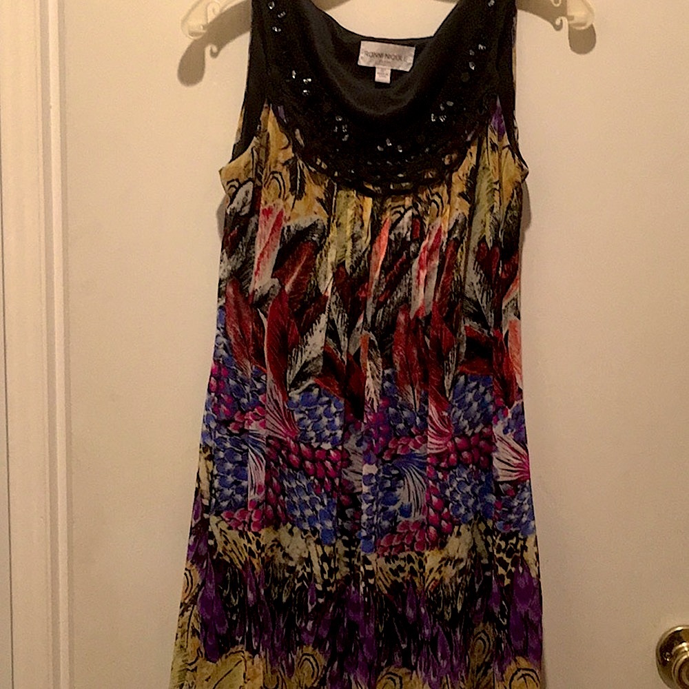 LOVELY MULTI COLOR DRESS W/SPARKLES ON NECKLINE.